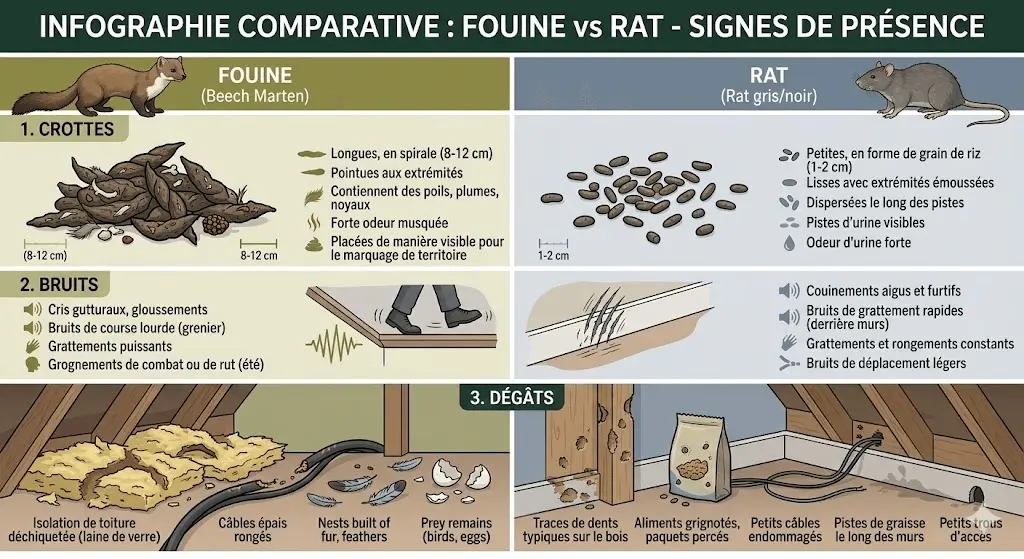 Infographie comparative des signes de présence entre fouine et rat : crottes, bruits, dégâts
